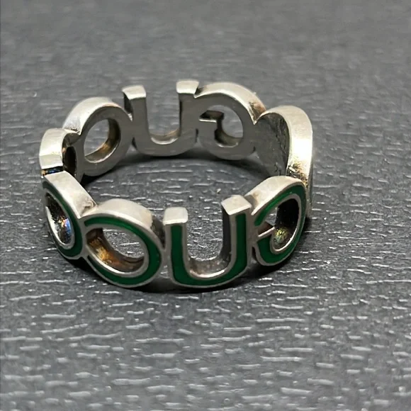 Gucci Interlocking G Ring 9MM Green Enamel STERLING SILVER Size 21 (9.5 US) EUC - Picture 7 of 11